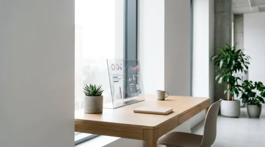 Professionnel analysant une strategie de referencement naturel avec des graphiques de croissance et des indicateurs de performance sur un bureau moderne