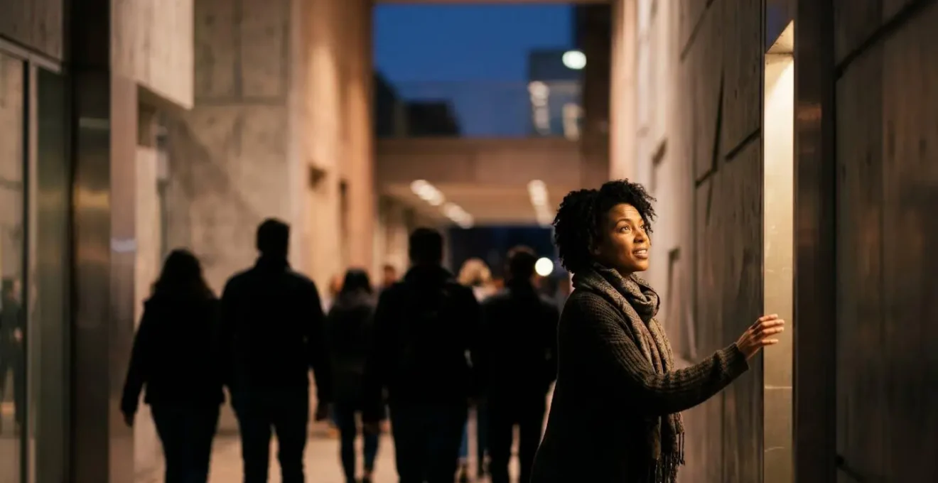 Une personne se tenant dans une foule stylisee de silhouettes, une seule etant eclairee par un rayon de lumiere chaude, symbolisant l'attraction du bon visiteur qualifie
