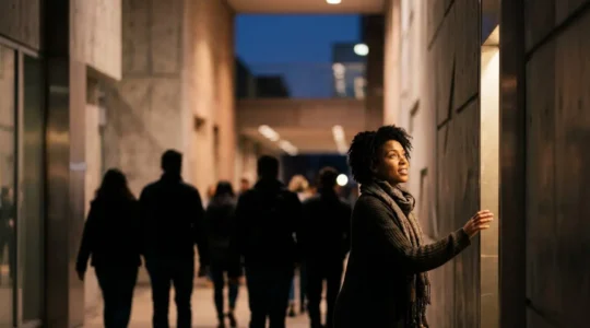 Une personne se tenant dans une foule stylisee de silhouettes, une seule etant eclairee par un rayon de lumiere chaude, symbolisant l'attraction du bon visiteur qualifie