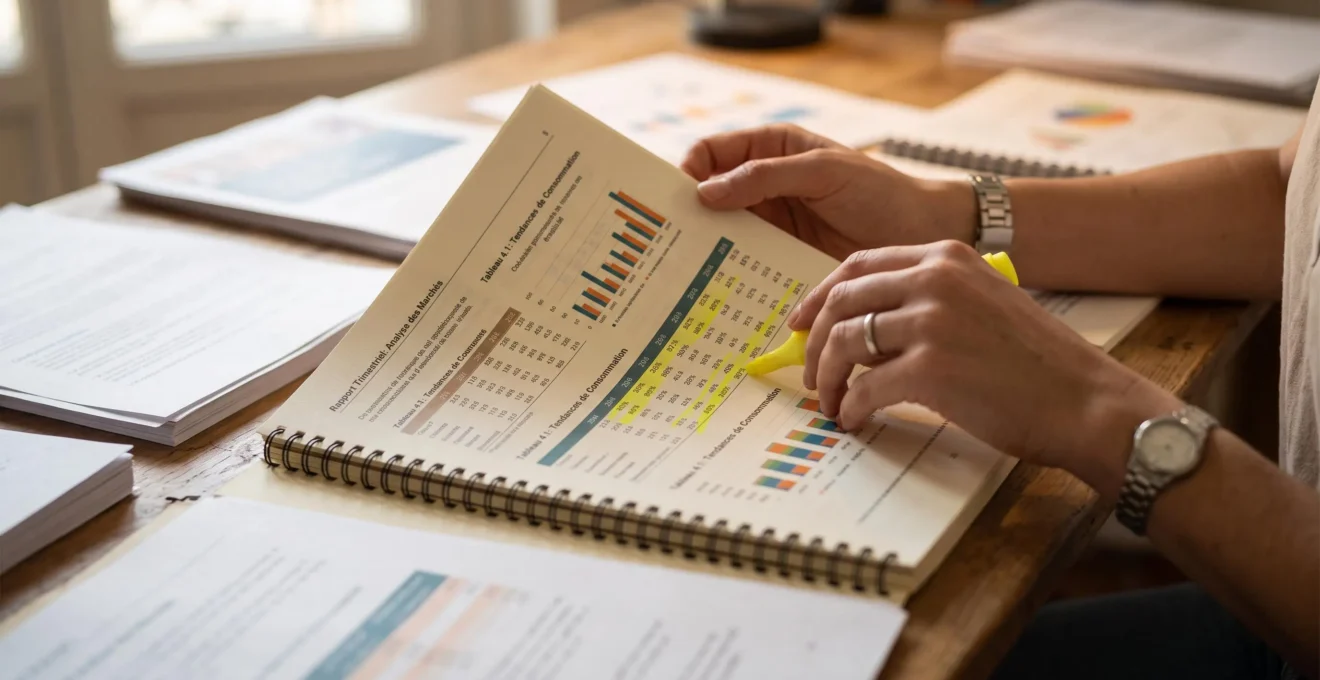 Mains d'un analyste annotant un rapport statistique imprimé avec des données chiffrées sur un bureau de travail