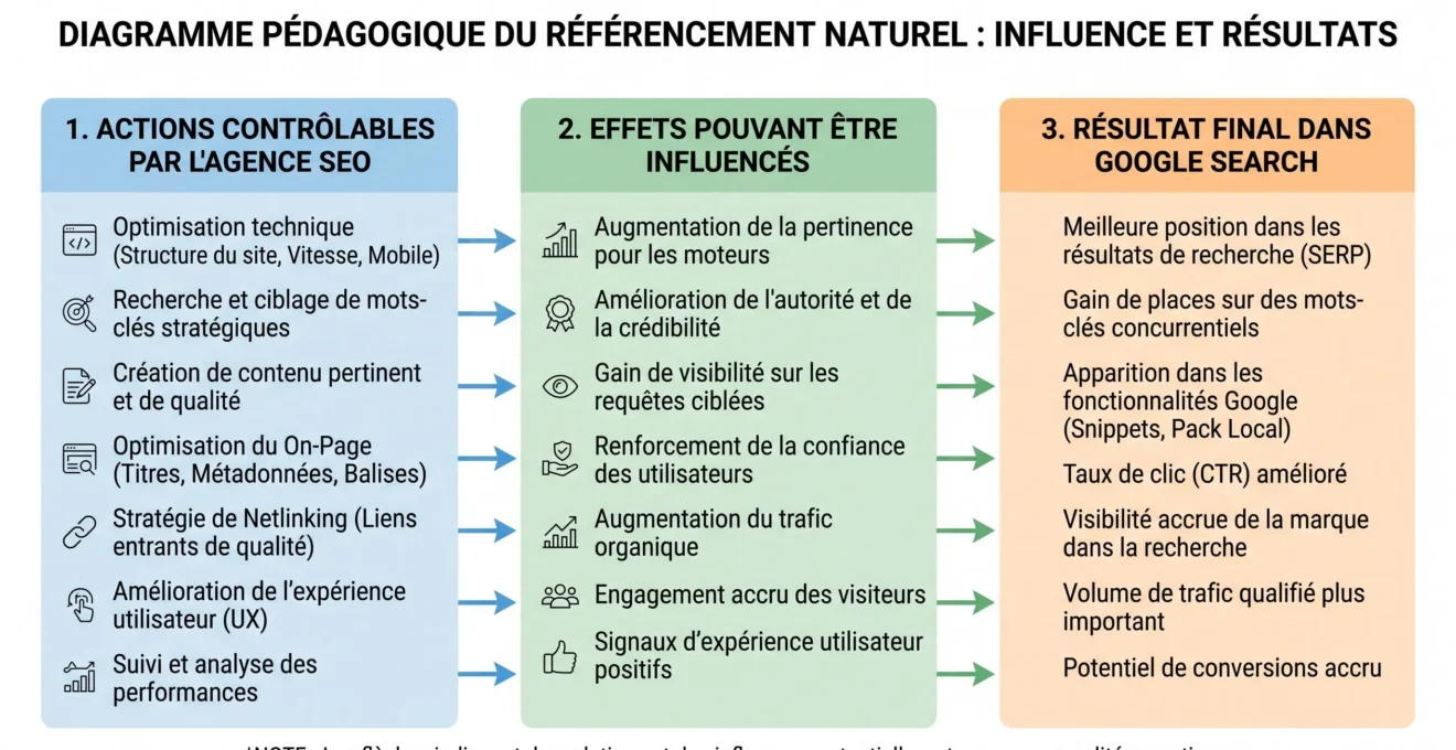 Schéma distinguant actions SEO contrôlables et classement Google non contrôlable directement