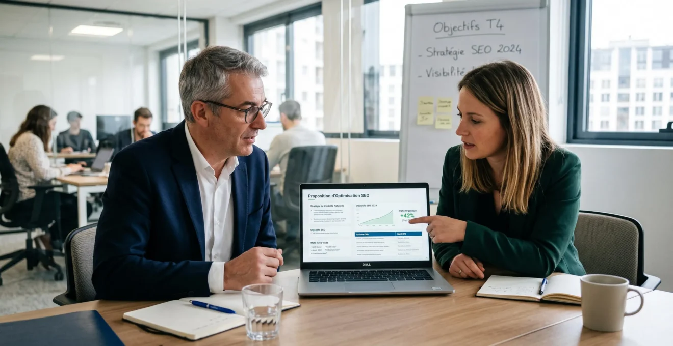 Dirigeant examinant une proposition d’agence SEO concernant le positionnement Google