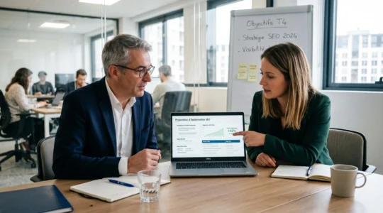 Dirigeant examinant une proposition d’agence SEO concernant le positionnement Google