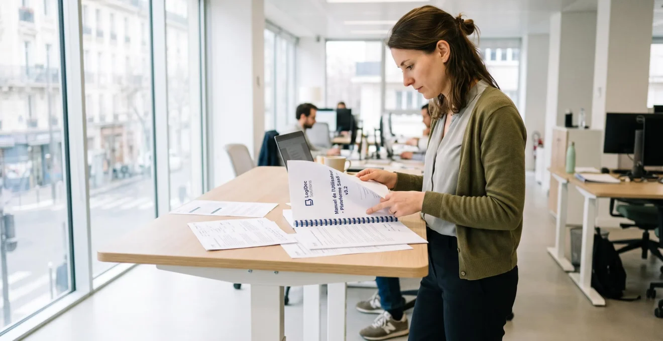 Rédacteur technique debout révisant un guide long format à une table haute dans un espace de travail moderne