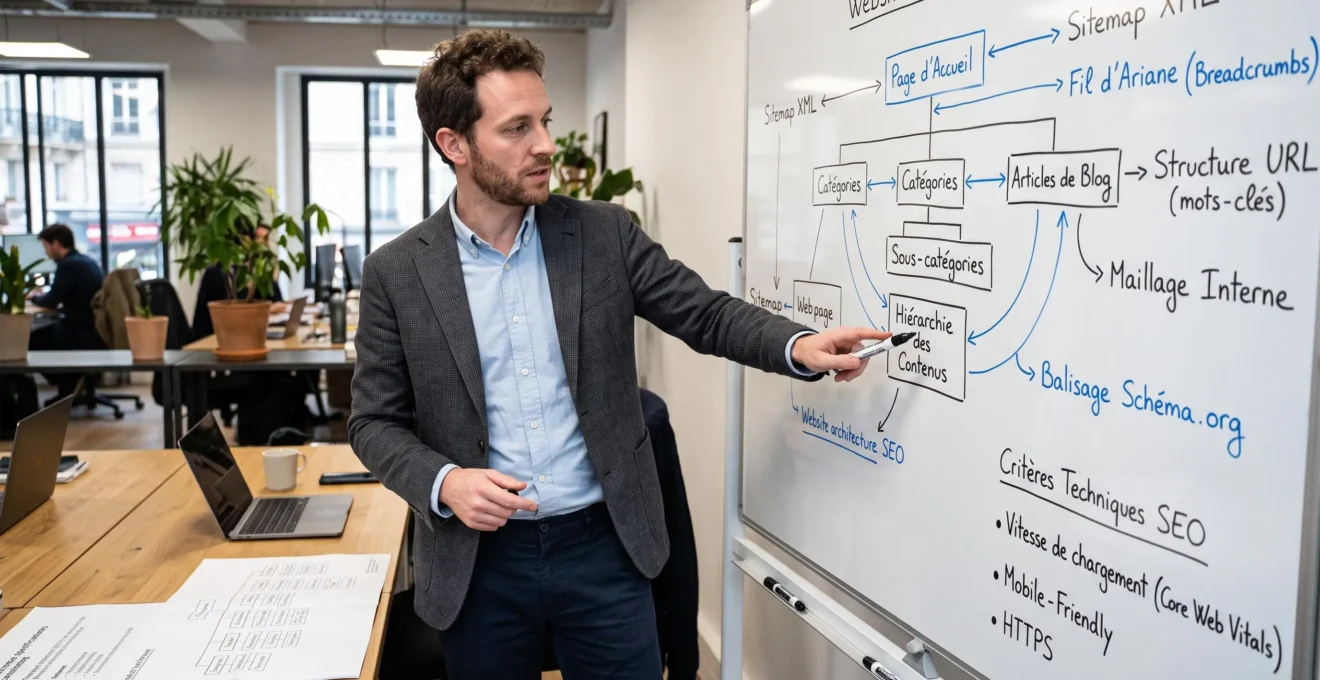 Spécialiste SEO debout devant un tableau blanc avec diagrammes de structure de site et critères techniques annotés